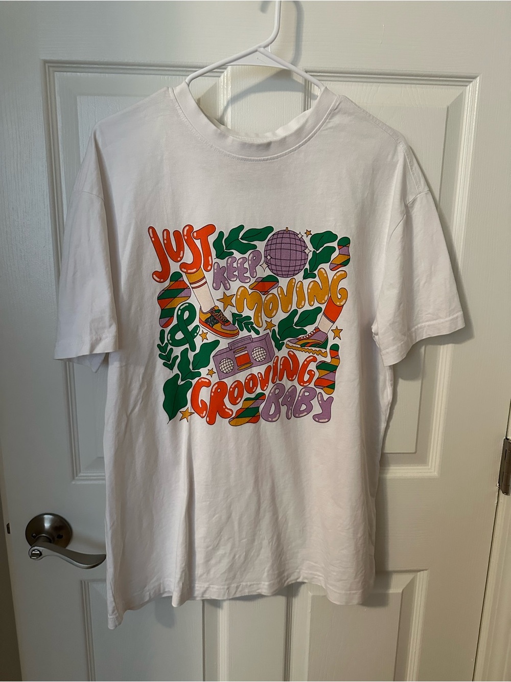 White Graphic Short Sleeve Tee with Retro Multicolor Print